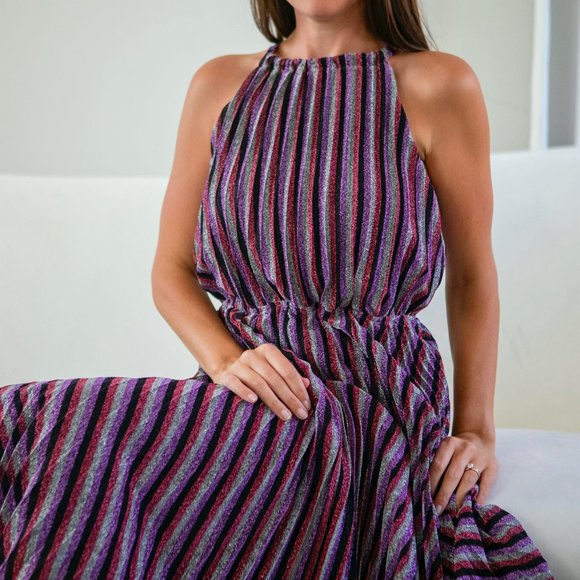 Purple Multi Striped Pleated Halter Midi Dress - Picture 5 of 8